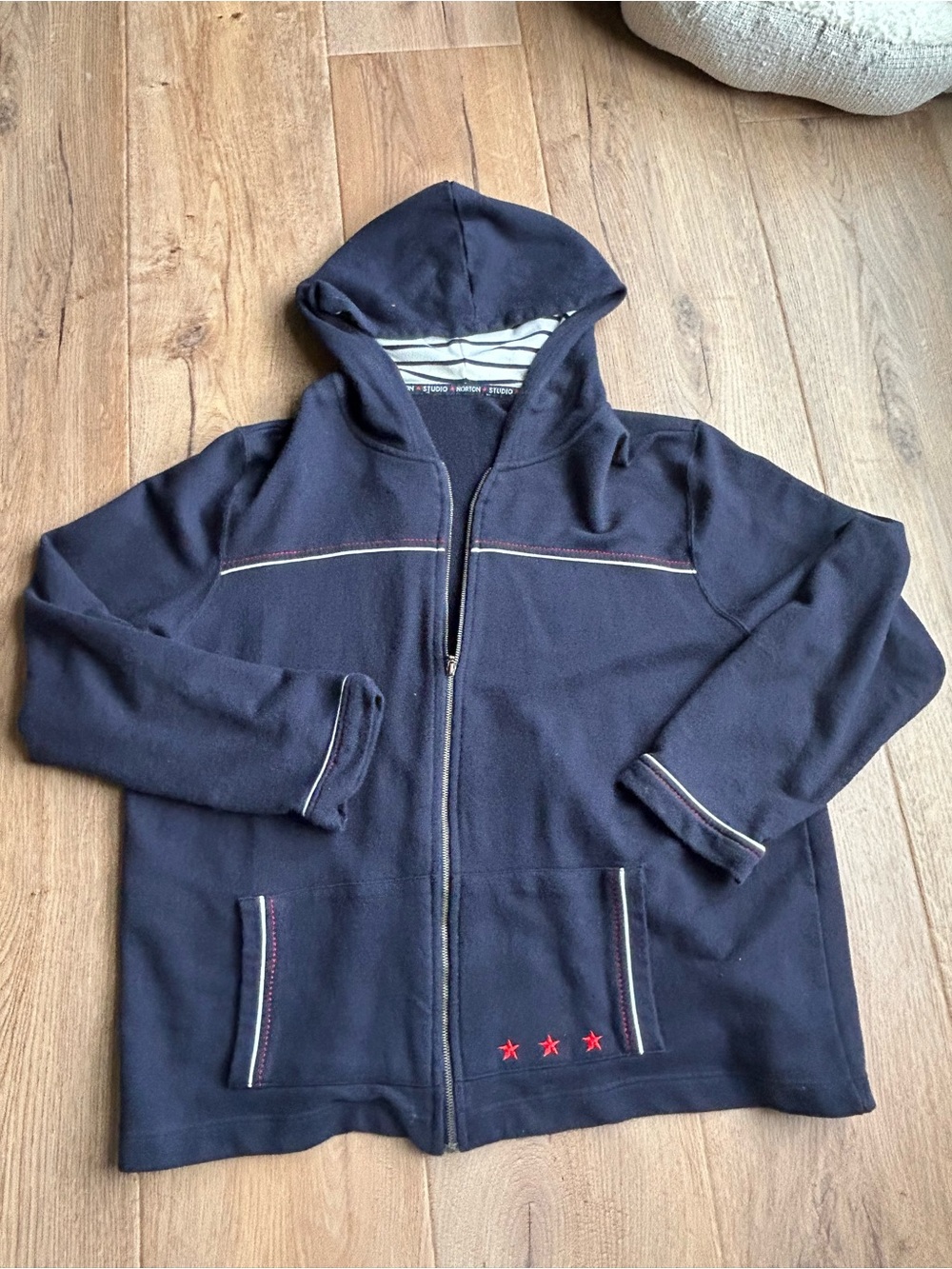 Navy Hooded Zip-Front Sweatshirt with Red Star Detail